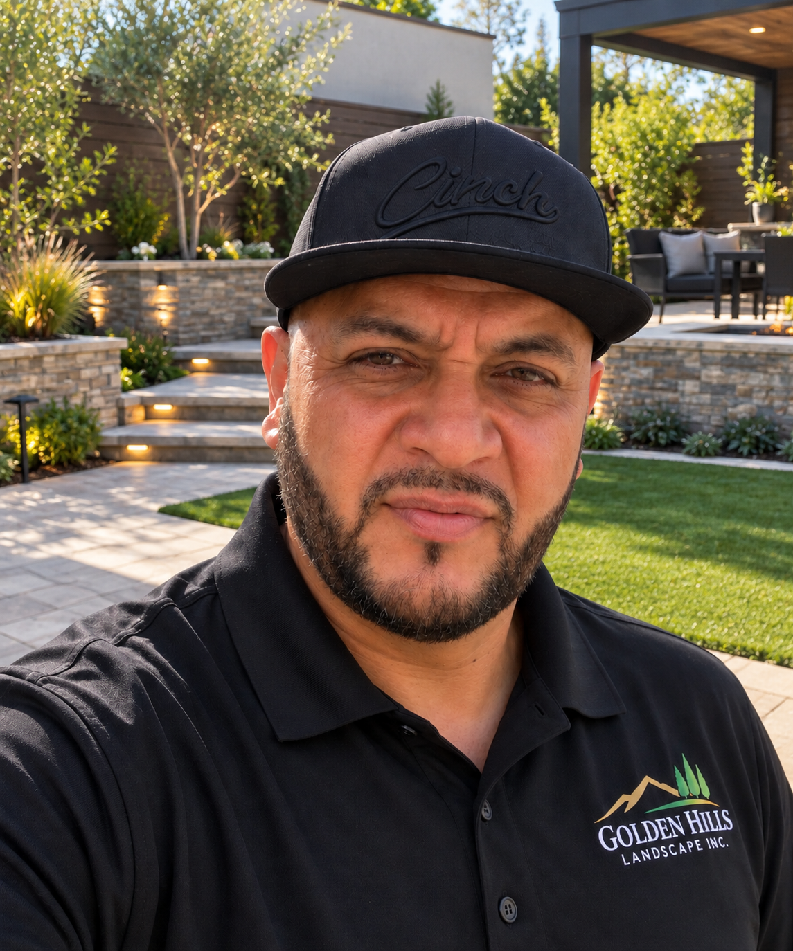 Alonso, owner of Golden Hills Landscape, in a company polo shirt in a finished backyard with a paver patio and stone retaining walls