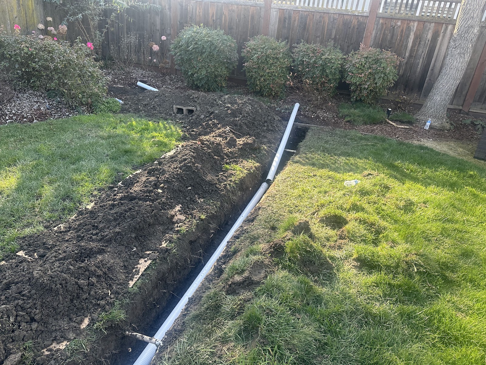 White pipe laid in a trench across the backyard lawn
